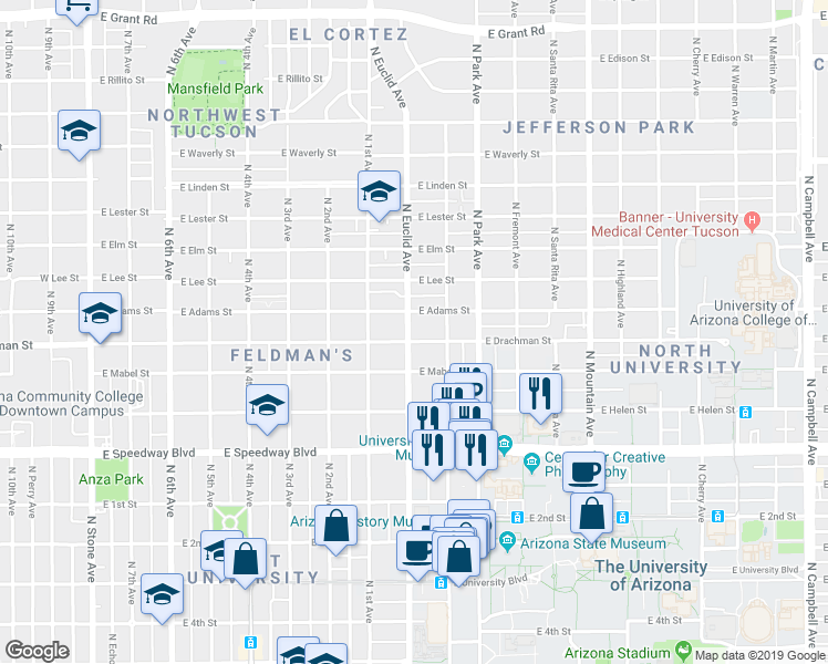 map of restaurants, bars, coffee shops, grocery stores, and more near in Tucson