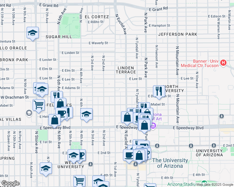 map of restaurants, bars, coffee shops, grocery stores, and more near 1340 North 1st Avenue in Tucson