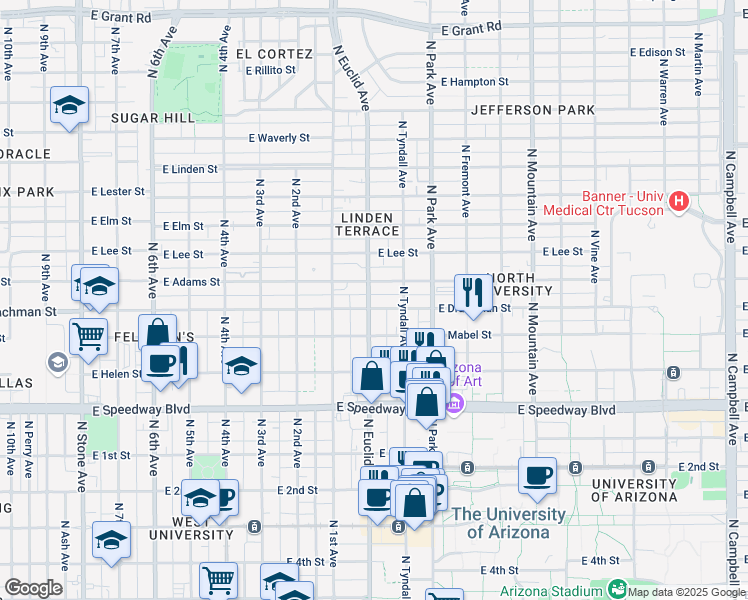map of restaurants, bars, coffee shops, grocery stores, and more near in Tucson