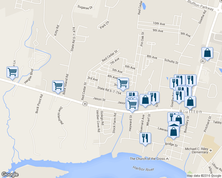 map of restaurants, bars, coffee shops, grocery stores, and more near 44 Able Street in Bluffton