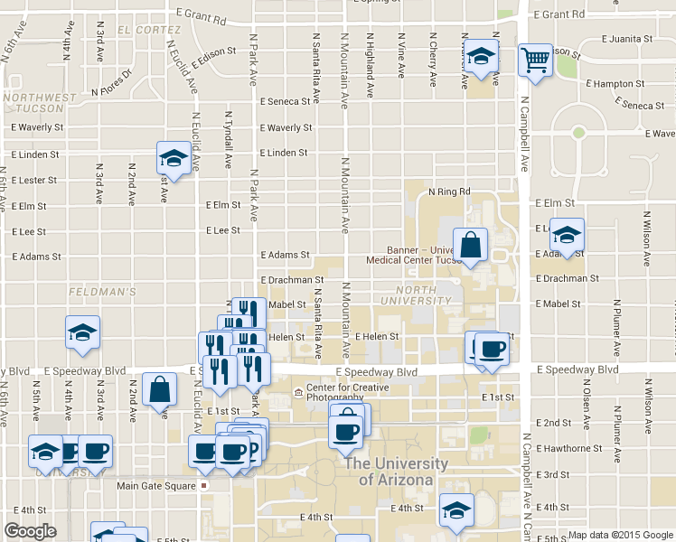 map of restaurants, bars, coffee shops, grocery stores, and more near 1239 East Drachman Street in Tucson