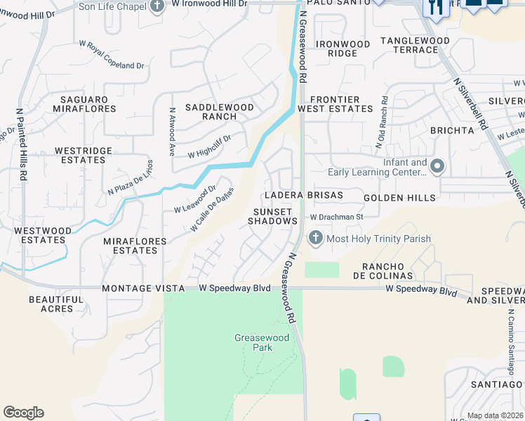 map of restaurants, bars, coffee shops, grocery stores, and more near 2600 West Kassandra Place in Tucson