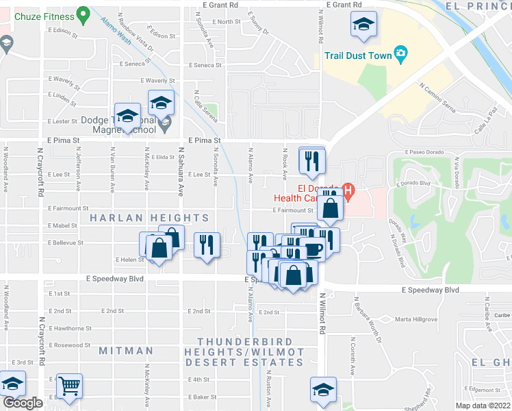 map of restaurants, bars, coffee shops, grocery stores, and more near 6107 E Fairmount St in Tucson