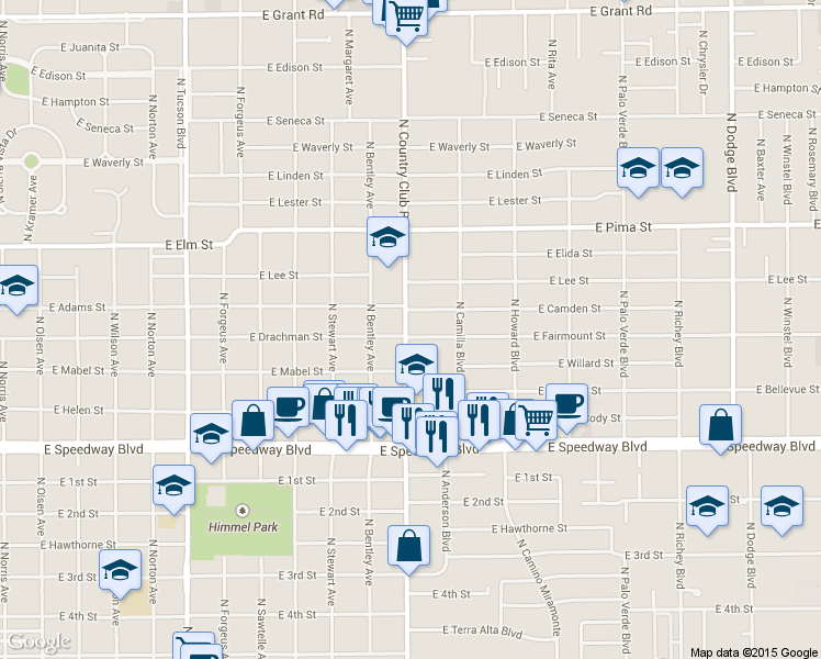 map of restaurants, bars, coffee shops, grocery stores, and more near 3101 East Fairmount Street in Tucson