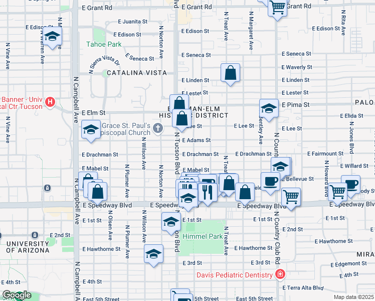 map of restaurants, bars, coffee shops, grocery stores, and more near 2532 East Drachman Street in Tucson