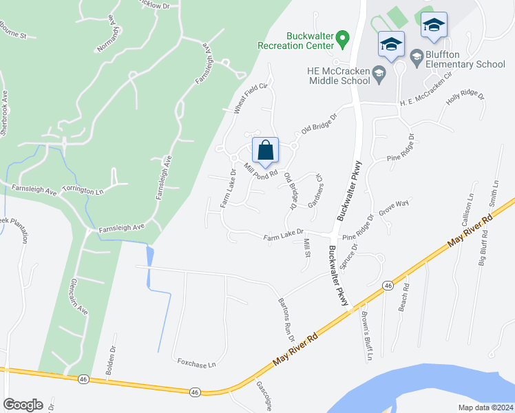 map of restaurants, bars, coffee shops, grocery stores, and more near 819 Bakers Court in Bluffton