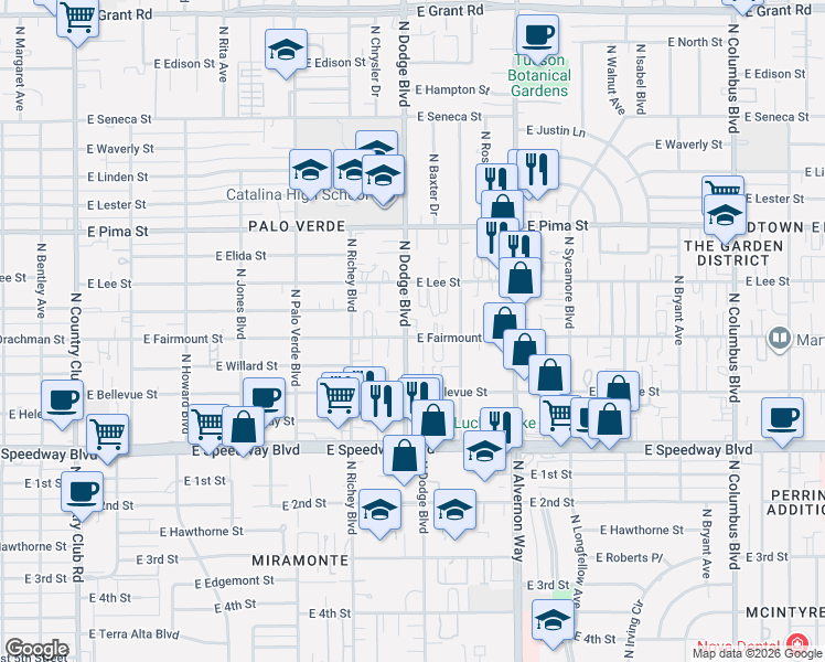 map of restaurants, bars, coffee shops, grocery stores, and more near 3706 East Fairmount Street in Tucson
