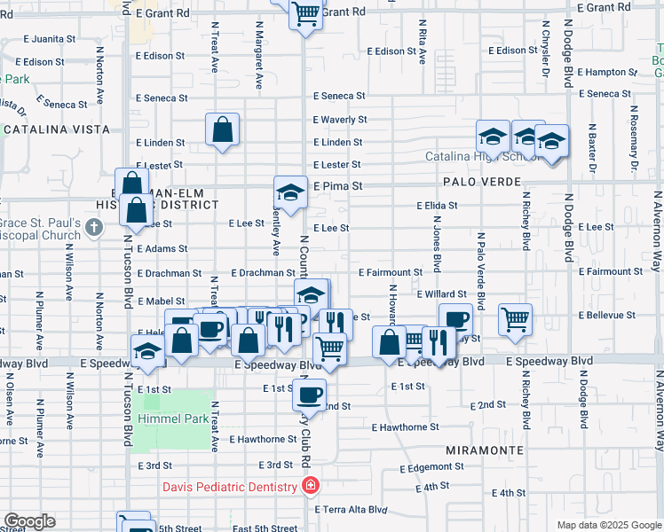 map of restaurants, bars, coffee shops, grocery stores, and more near 1333 North Camilla Boulevard in Tucson