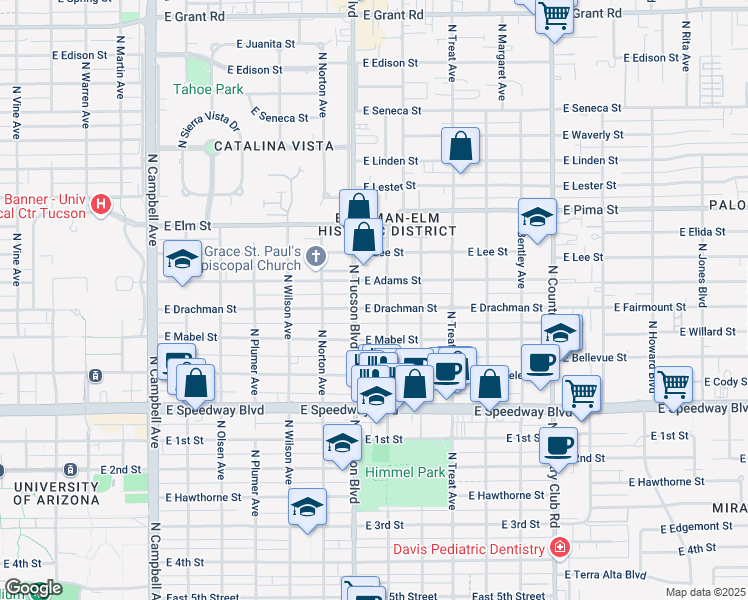 map of restaurants, bars, coffee shops, grocery stores, and more near 2532 East Drachman Street in Tucson