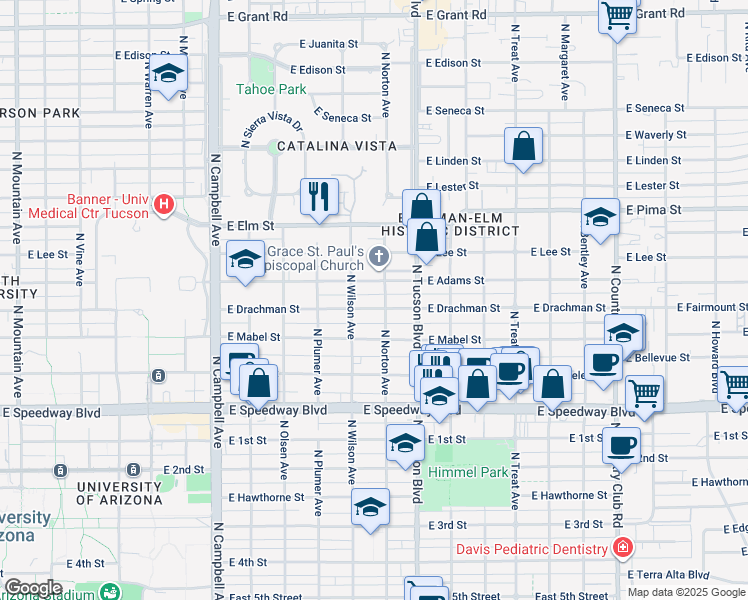 map of restaurants, bars, coffee shops, grocery stores, and more near 2340 East Drachman Street in Tucson
