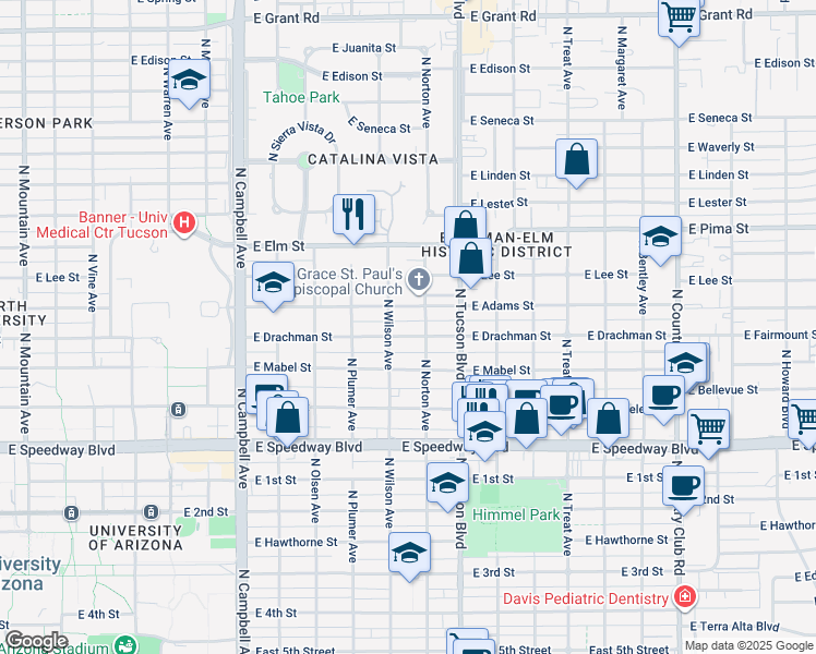 map of restaurants, bars, coffee shops, grocery stores, and more near 2340 East Drachman Street in Tucson