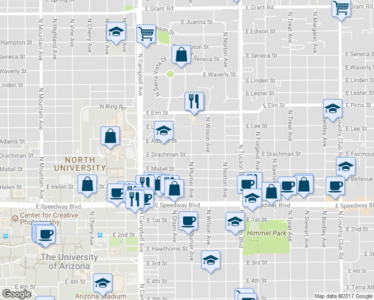 map of restaurants, bars, coffee shops, grocery stores, and more near in Tucson