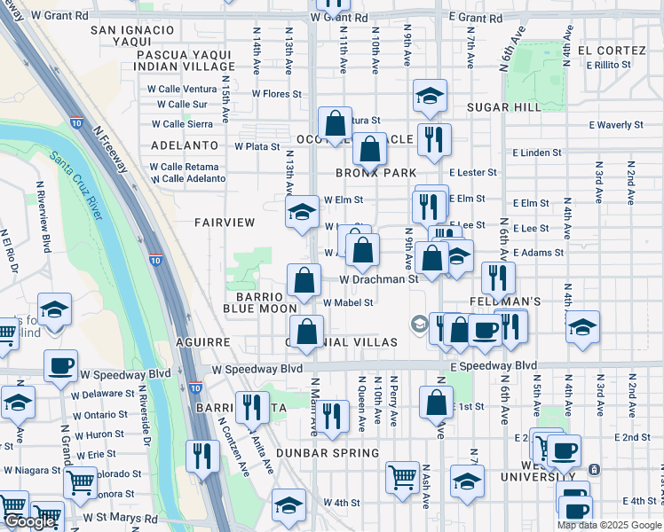 map of restaurants, bars, coffee shops, grocery stores, and more near 338 West Drachman Street in Tucson
