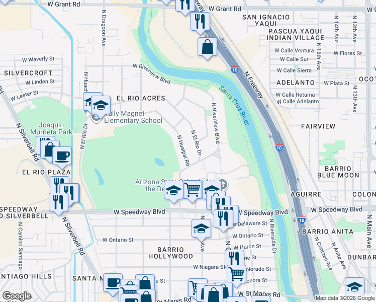 map of restaurants, bars, coffee shops, grocery stores, and more near 1427 North Hualpai Road in Tucson