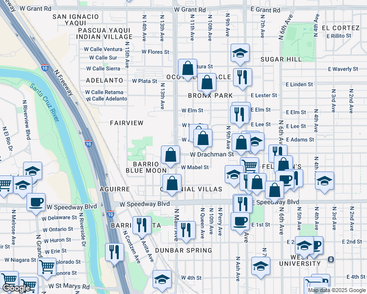 map of restaurants, bars, coffee shops, grocery stores, and more near 338 West Drachman Street in Tucson