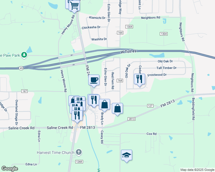 map of restaurants, bars, coffee shops, grocery stores, and more near 16539 Echo Glen Drive in Tyler