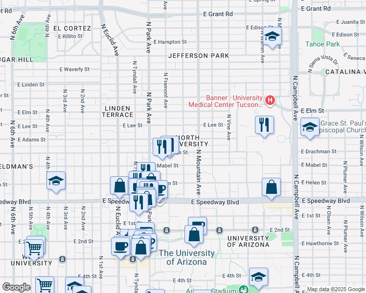 map of restaurants, bars, coffee shops, grocery stores, and more near 1201 East Drachman Street in Tucson