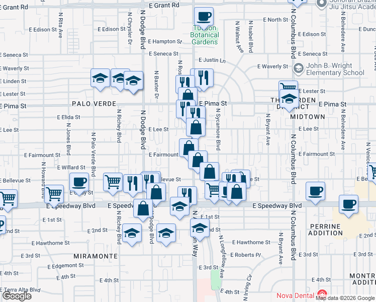 map of restaurants, bars, coffee shops, grocery stores, and more near 1375 North Alvernon Way in Tucson