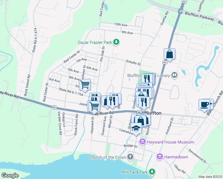 map of restaurants, bars, coffee shops, grocery stores, and more near 2 Quinn Court in Bluffton