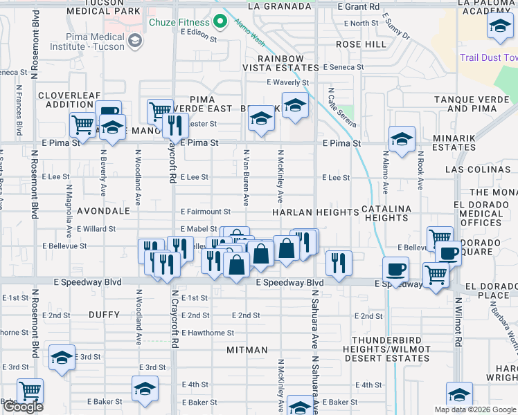 map of restaurants, bars, coffee shops, grocery stores, and more near 5719 East Fairmount Street in Tucson