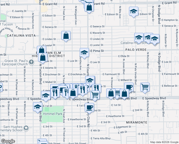 map of restaurants, bars, coffee shops, grocery stores, and more near 3101 East Fairmount Street in Tucson