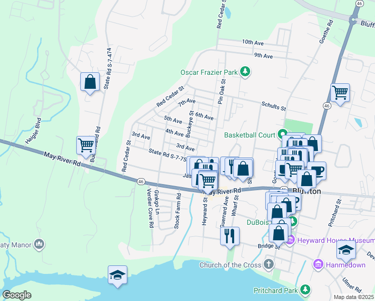 map of restaurants, bars, coffee shops, grocery stores, and more near 17 3rd Avenue in Bluffton