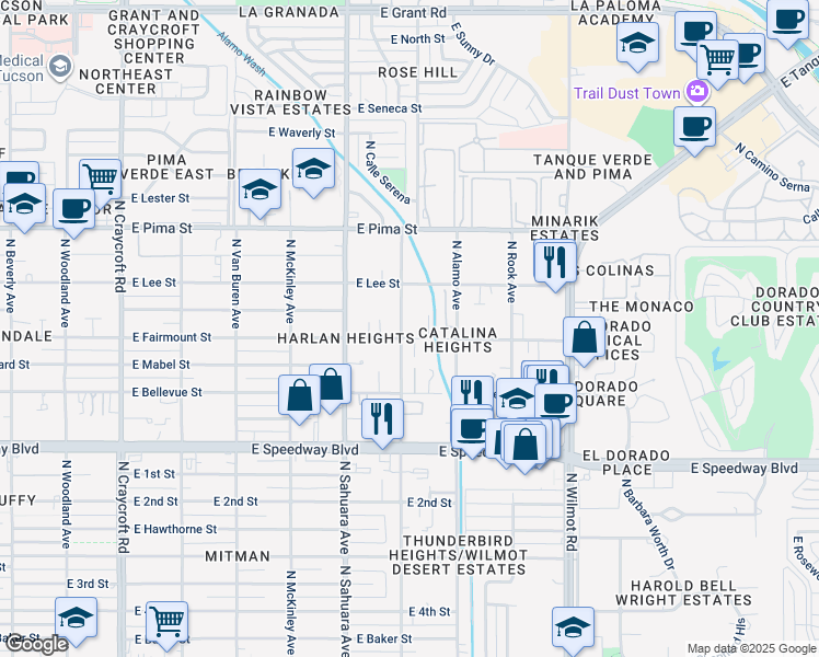 map of restaurants, bars, coffee shops, grocery stores, and more near 6038 North Ridgeway Road in Tucson
