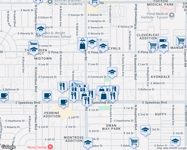map of restaurants, bars, coffee shops, grocery stores, and more near 1243 North Nema Avenue in Tucson