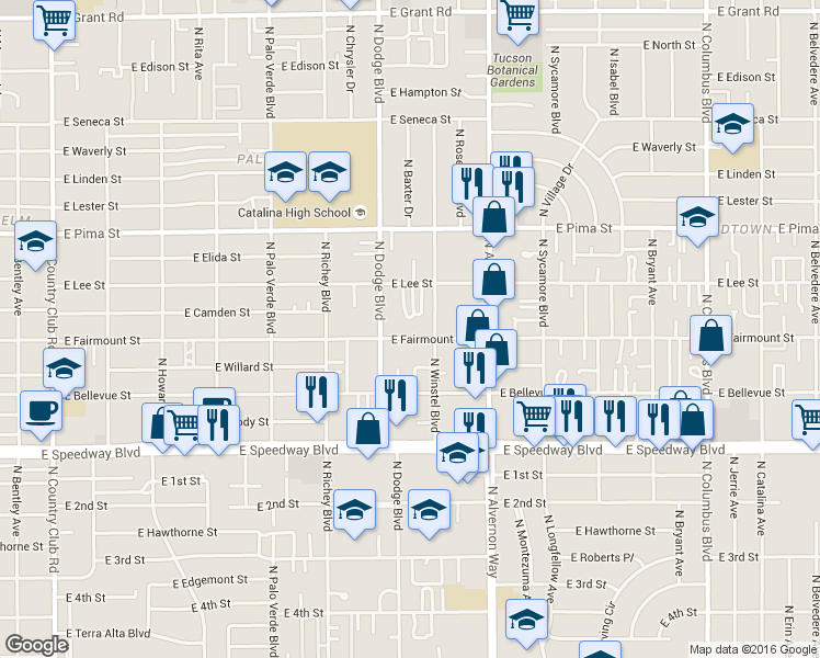 map of restaurants, bars, coffee shops, grocery stores, and more near 3706 East Fairmount Street in Tucson