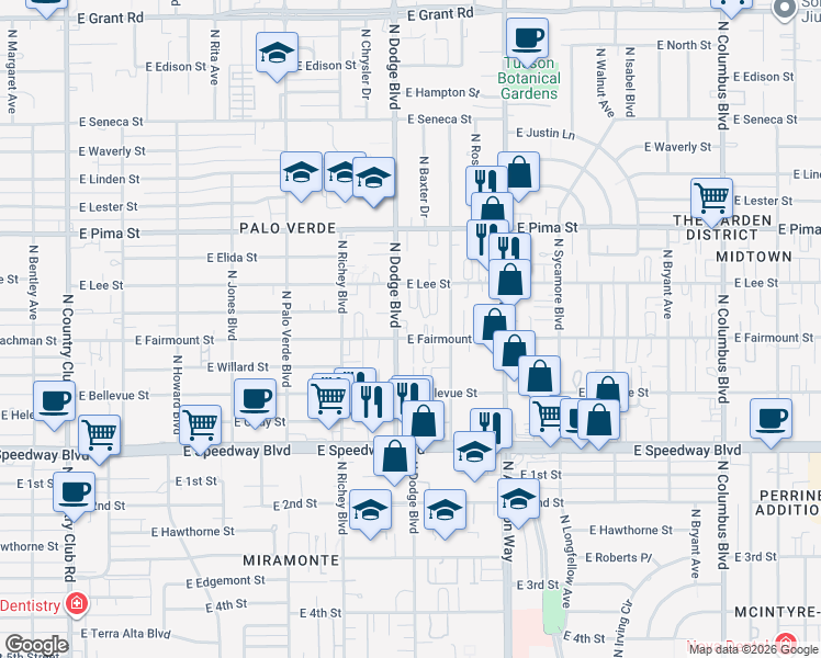 map of restaurants, bars, coffee shops, grocery stores, and more near 3730 East Fairmount Street in Tucson