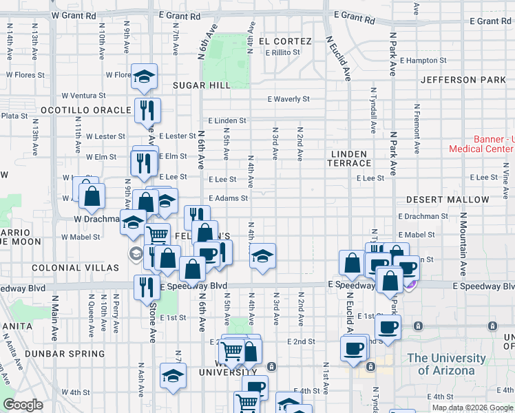 map of restaurants, bars, coffee shops, grocery stores, and more near 402 East Drachman Street in Tucson
