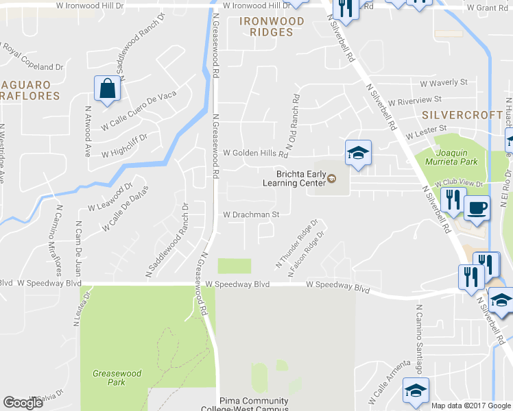 map of restaurants, bars, coffee shops, grocery stores, and more near 2374 West Dillon Road in Tucson