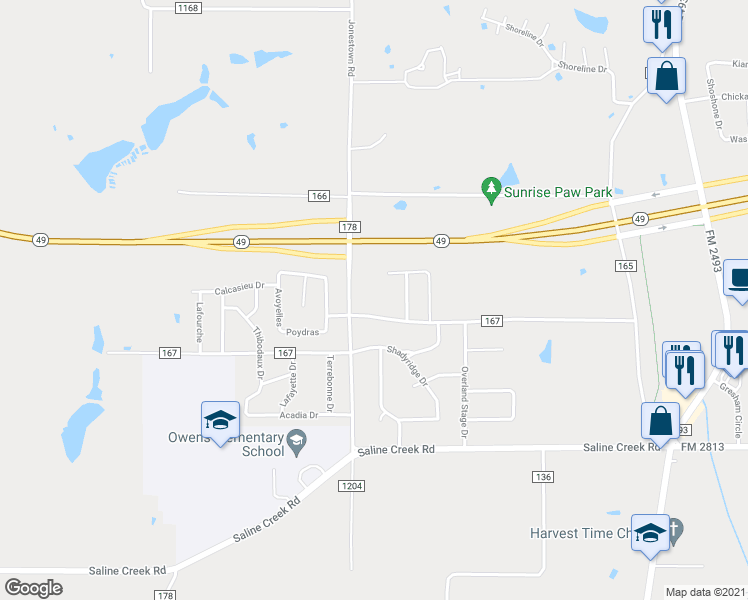 map of restaurants, bars, coffee shops, grocery stores, and more near 16497 County Road 178 in Tyler