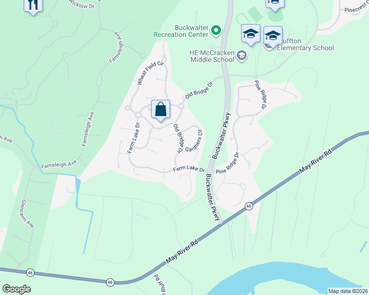 map of restaurants, bars, coffee shops, grocery stores, and more near 440 Gardners Circle in Bluffton