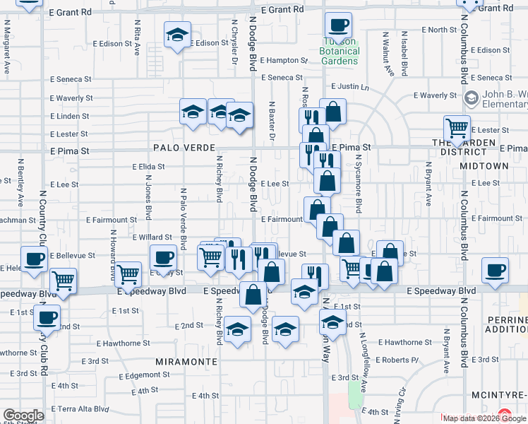 map of restaurants, bars, coffee shops, grocery stores, and more near 3706 East Fairmount Street in Tucson