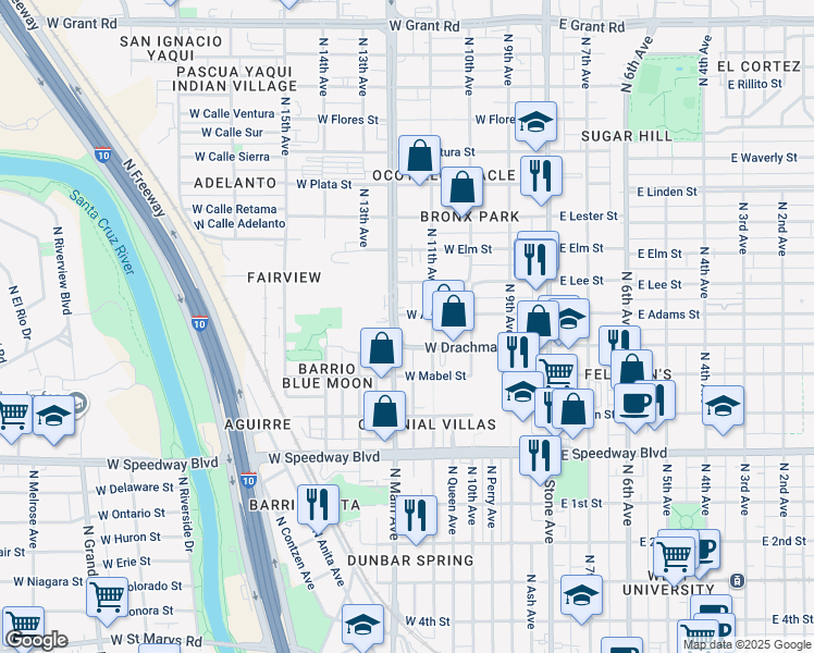 map of restaurants, bars, coffee shops, grocery stores, and more near 1430 North Oracle Road in Tucson
