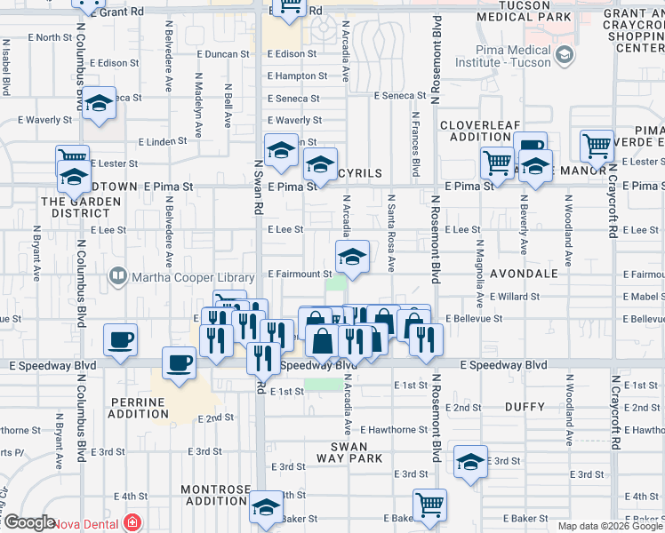 map of restaurants, bars, coffee shops, grocery stores, and more near 4837 East Fairmount Street in Tucson