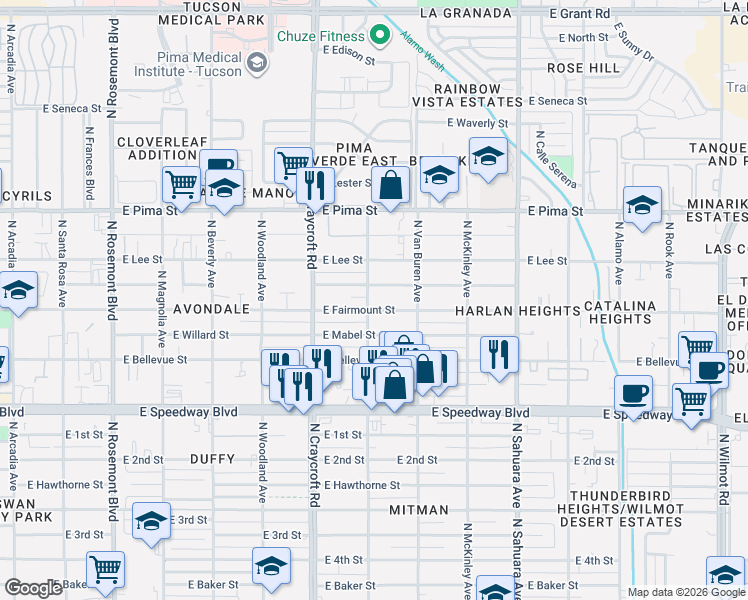 map of restaurants, bars, coffee shops, grocery stores, and more near 1410 North Jefferson Avenue in Tucson