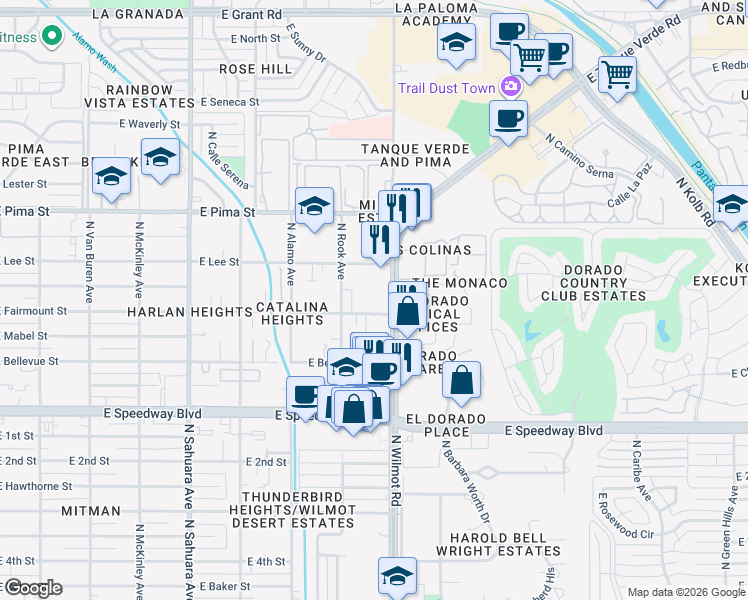 map of restaurants, bars, coffee shops, grocery stores, and more near 20 East Fairmount Street in Tucson