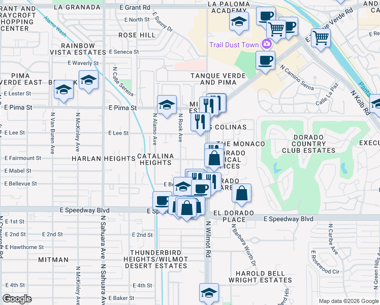 map of restaurants, bars, coffee shops, grocery stores, and more near 20 East Fairmount Street in Tucson