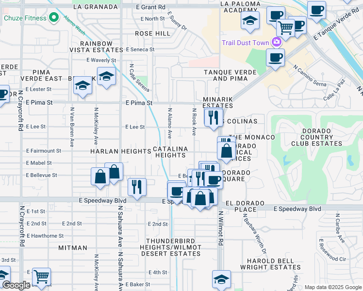map of restaurants, bars, coffee shops, grocery stores, and more near 6107 East Fairmount Street in Tucson