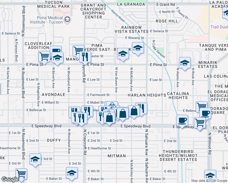 map of restaurants, bars, coffee shops, grocery stores, and more near 5656 East Fairmount Street in Tucson