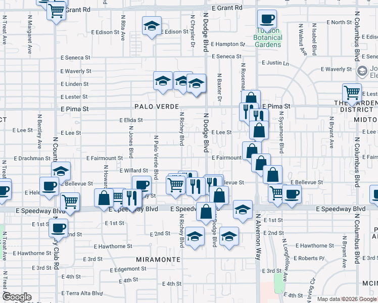 map of restaurants, bars, coffee shops, grocery stores, and more near 1320 North Richey Boulevard in Tucson