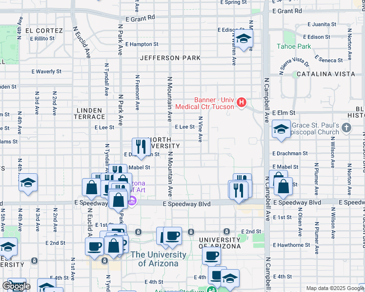 map of restaurants, bars, coffee shops, grocery stores, and more near in Tucson