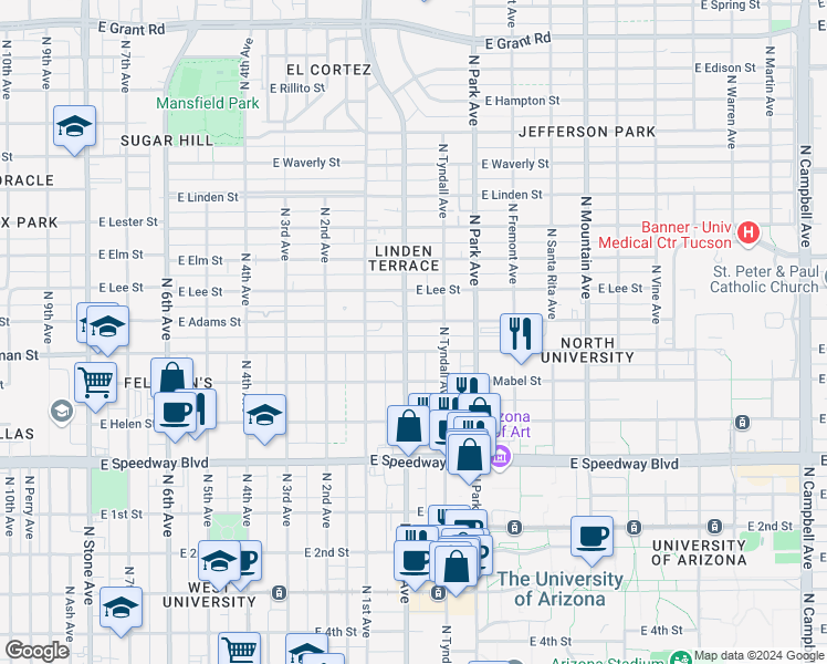map of restaurants, bars, coffee shops, grocery stores, and more near in Tucson