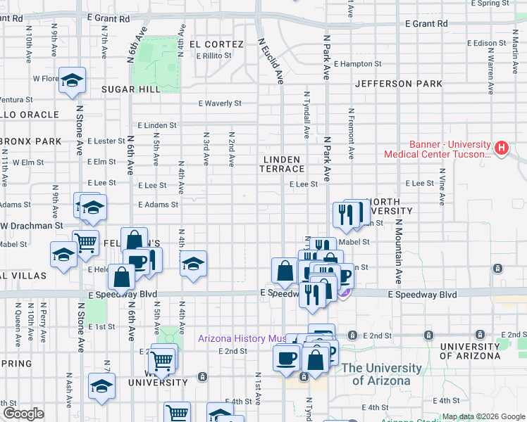 map of restaurants, bars, coffee shops, grocery stores, and more near 1340 North 1st Avenue in Tucson