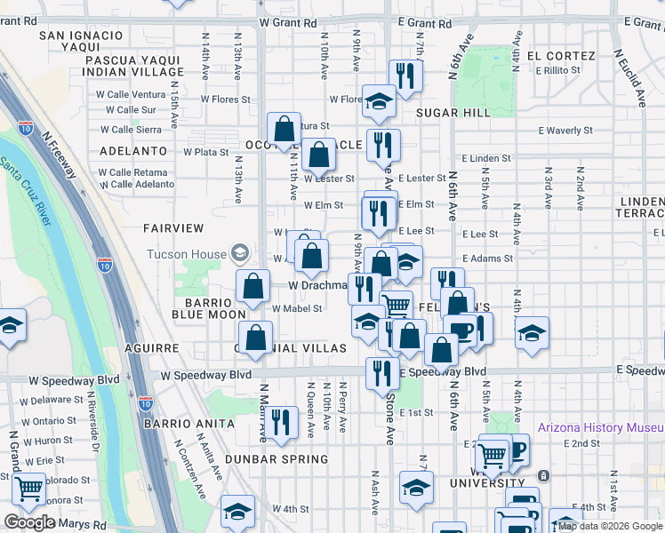 map of restaurants, bars, coffee shops, grocery stores, and more near 127W West Drachman Street in Tucson
