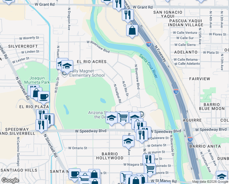 map of restaurants, bars, coffee shops, grocery stores, and more near 1427 North Hualpai Road in Tucson