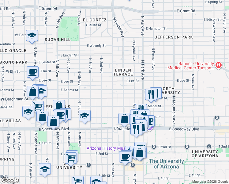 map of restaurants, bars, coffee shops, grocery stores, and more near 701 East Adams Street in Tucson