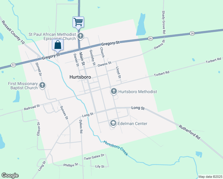 map of restaurants, bars, coffee shops, grocery stores, and more near Church in Hurtsboro